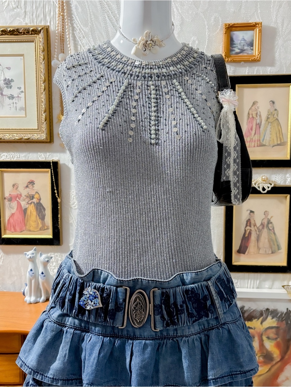 Y2k vintage fairy girly shimmer silk cotton blend silver sleeveless top